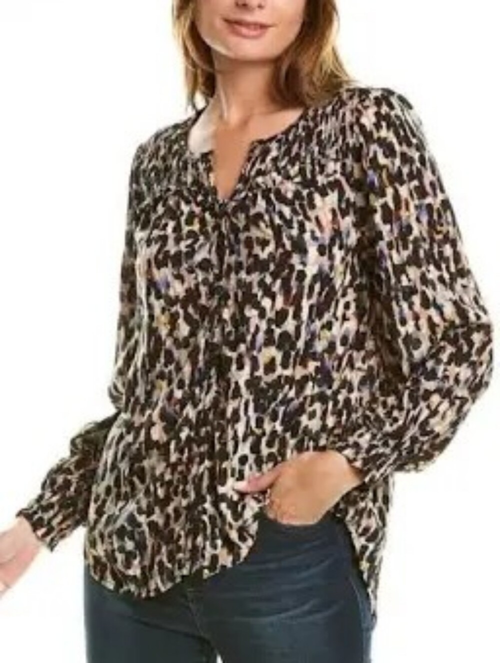 BeachLunchLounge Printed V-Neck Long Sleeve Blouse — Multicolor Animal Print